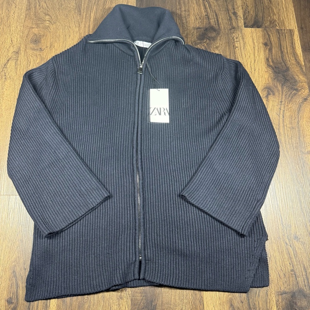 NEW Zara Rib Knit Full Zip Cardigan Sweater Womens Medium Black Long Wide Sleeve